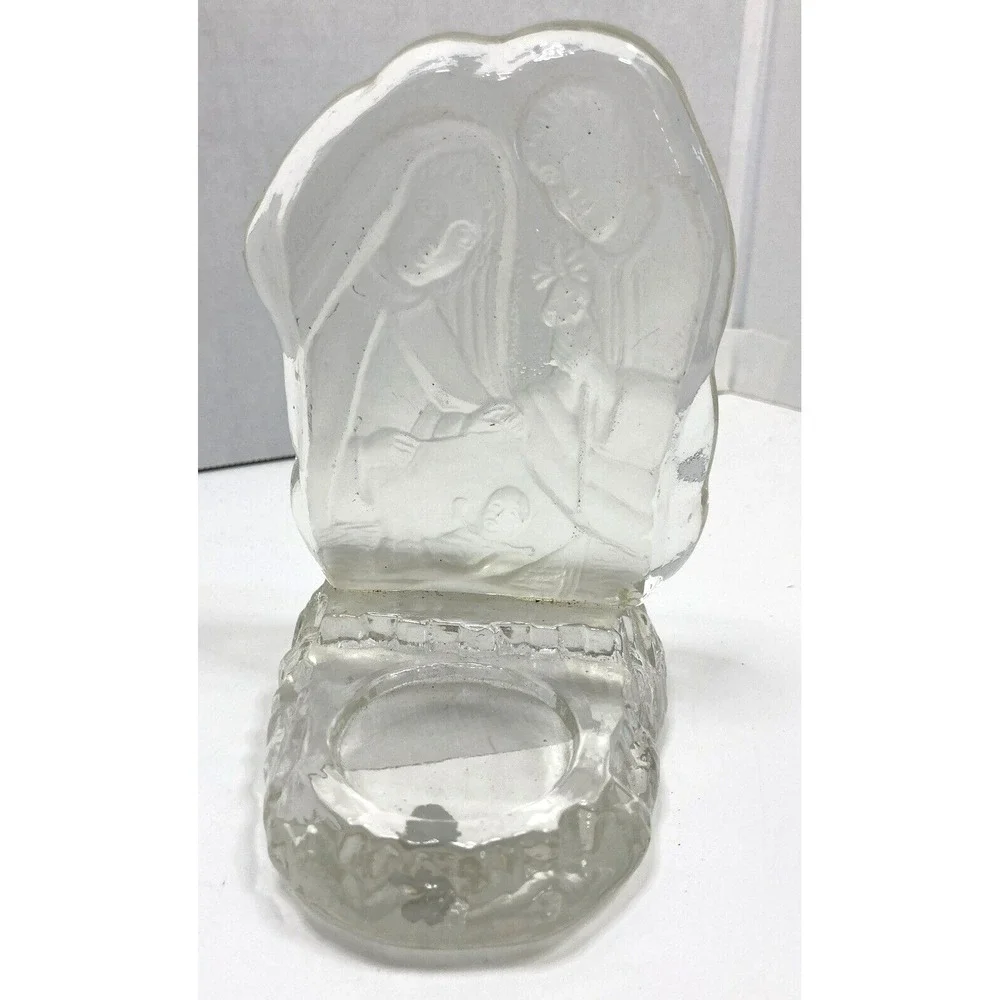 Vtg Frosted Glass Nativity‎ Tea Light Candle Holder Mary Joseph Baby Jesus 5